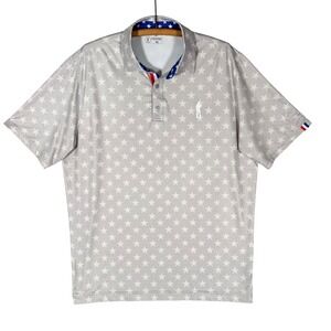 U Suck at Golf Mens XL Grey Star Print Performance Polo Shirt Patriotic USA Flag